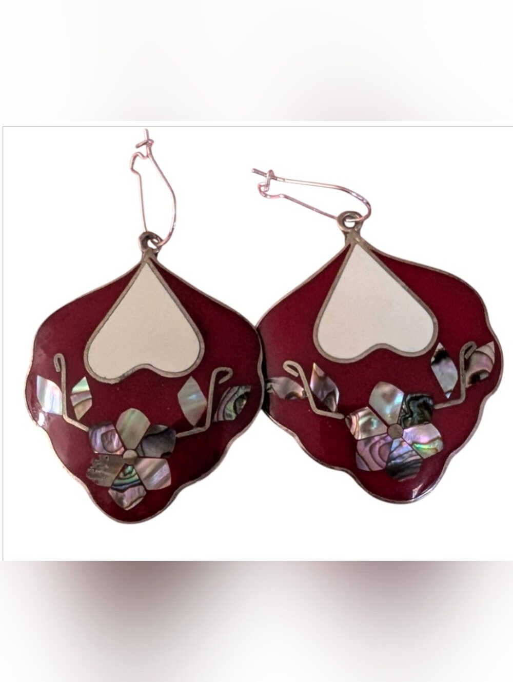 Vtg Mexican Alpaca Silver Earrings, Red Enamel Abalone Shell Flower Heart Inlay